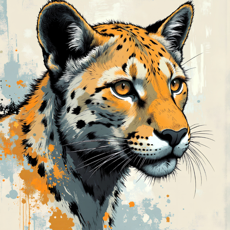 Tableau moderne représentant un léopard avec un style pictural expressif et des tons chauds. Œuvre originale aux textures affirmées et aux variantes graphiques multiples.