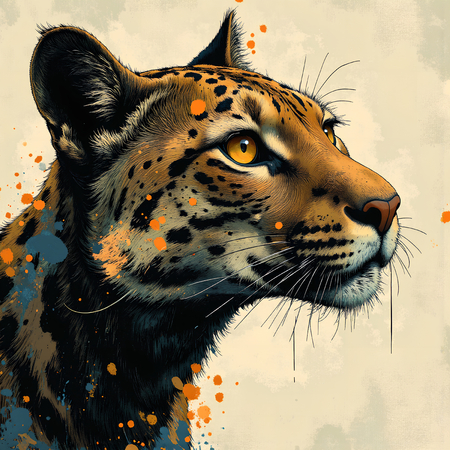 Tableau moderne représentant un léopard avec un style pictural expressif et des tons chauds. Œuvre originale aux textures affirmées et aux variantes graphiques multiples.