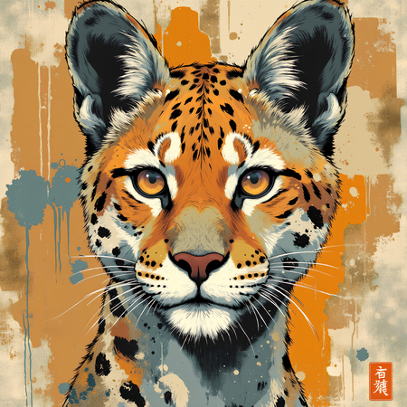 Tableau moderne représentant un léopard avec un style pictural expressif et des tons chauds. Œuvre originale aux textures affirmées et aux variantes graphiques multiples.