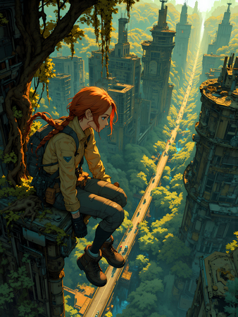 Tableau illustratif inspiré du manga post-apocalyptique, représentant une jeune fille rousse assise au sommet d'un bâtiment, surplombant une ville futuriste envahie de végétation.