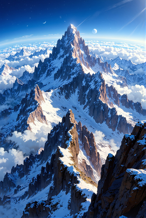 Tableau paysage imaginaire représentant des sommets enneigés dépassant les nuages avec un ciel étoilé, dans un style graphique à la fois réaliste et numérique, dominantes bleues.