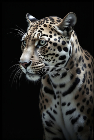 Portrait de léopard en studio sur fond noir. Une œuvre animale puissante et raffinée, disponible en plusieurs formats et finitions. Création exclusive DECOTAB fabriquée en France.