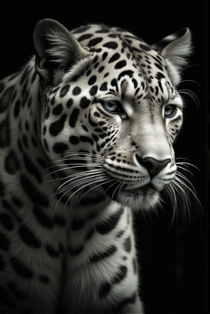 Portrait de léopard en studio sur fond noir. Une œuvre animale puissante et raffinée, disponible en plusieurs formats et finitions. Création exclusive DECOTAB fabriquée en France.