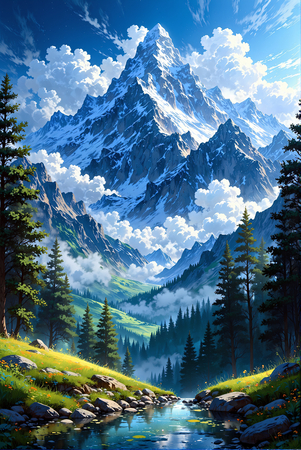 Tableau de paysage représentant une montagne monumentale enneigée, vue en contre-plongée. Illustration réaliste et contrastée, ambiance mystérieuse et dominante bleue.