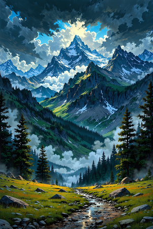 Tableau de paysage représentant une montagne monumentale enneigée, vue en contre-plongée. Illustration réaliste et contrastée, ambiance mystérieuse et dominante bleue.