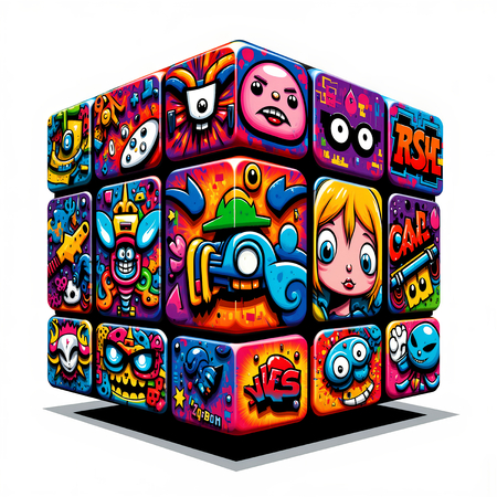 Tableau représentant un Rubik's Cube stylisé dans un style street art coloré. Couleurs dynamiques et motifs graffiti pour une décoration pop et urbaine. Plusieurs variantes disponibles.