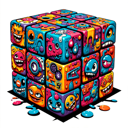 Tableau représentant un Rubik's Cube stylisé dans un style street art coloré. Couleurs dynamiques et motifs graffiti pour une décoration pop et urbaine. Plusieurs variantes disponibles.