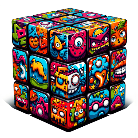 Tableau représentant un Rubik's Cube stylisé dans un style street art coloré. Couleurs dynamiques et motifs graffiti pour une décoration pop et urbaine. Plusieurs variantes disponibles.