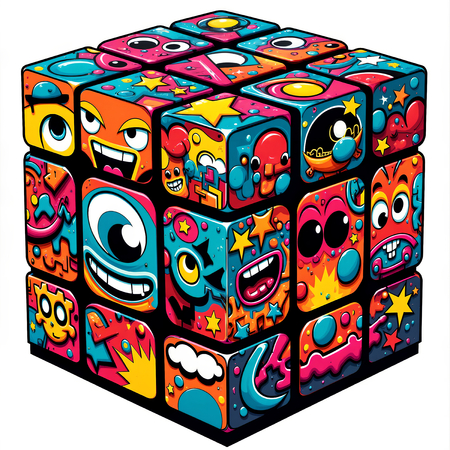 Tableau représentant un Rubik's Cube stylisé dans un style street art coloré. Couleurs dynamiques et motifs graffiti pour une décoration pop et urbaine. Plusieurs variantes disponibles.