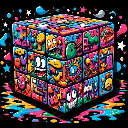 Tableau représentant un Rubik's Cube stylisé dans un style street art coloré. Couleurs dynamiques et motifs graffiti pour une décoration pop et urbaine. Plusieurs variantes disponibles.