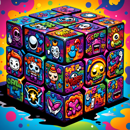 Tableau représentant un Rubik's Cube stylisé dans un style street art coloré. Couleurs dynamiques et motifs graffiti pour une décoration pop et urbaine. Plusieurs variantes disponibles.