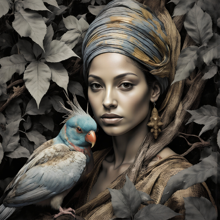 Tableau imprimé représentant un portrait féminin stylisé, esprit mystique et motifs végétaux. Une décoration apaisante inspirée des cultures asiatiques et africaines.