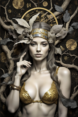 Tableau imprimé représentant un portrait féminin stylisé, esprit mystique et motifs végétaux. Une décoration apaisante inspirée des cultures asiatiques et africaines.