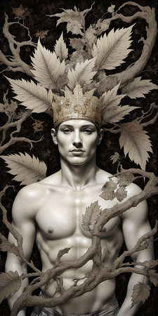 Tableau imprimé représentant un portrait masculin stylisé, fusionnant motifs végétaux et ambiance mystique. Une décoration élégante aux inspirations culturelles variées.