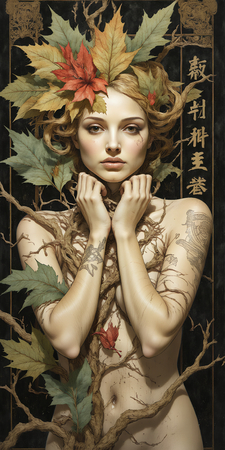 Tableau imprimé représentant un portrait féminin stylisé, esprit mystique et motifs végétaux. Une décoration apaisante inspirée des cultures asiatiques et africaines.