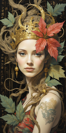 Tableau imprimé représentant un portrait féminin stylisé, esprit mystique et motifs végétaux. Une décoration apaisante inspirée des cultures asiatiques et africaines.