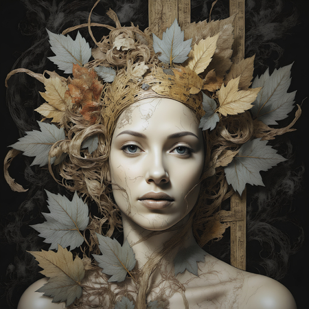Tableau imprimé représentant un portrait féminin stylisé, esprit mystique et motifs végétaux. Une décoration apaisante inspirée des cultures asiatiques et africaines.