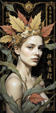 Tableau imprimé représentant un portrait féminin stylisé, esprit mystique et motifs végétaux. Une décoration apaisante inspirée des cultures asiatiques et africaines.