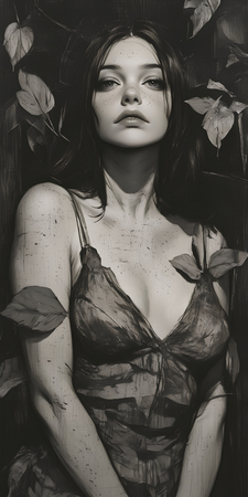 Tableau illustratif au style manga représentant un portrait féminin mystique fusionné à un décor végétal et fantastique. Décoration originale et expressive.
