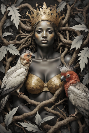 Tableau imprimé représentant un portrait stylisé d'une femme africaine dans un décor de jungle luxuriante, accompagnée de perroquets. Ambiance mystique et naturelle.