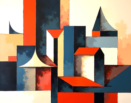 Tableau abstrait dominé par des rouges intenses, composition anguleuse et formes effilées sur fond clair. Une œuvre contemporaine texturée, imprimée avec soin en tirage d'art.
