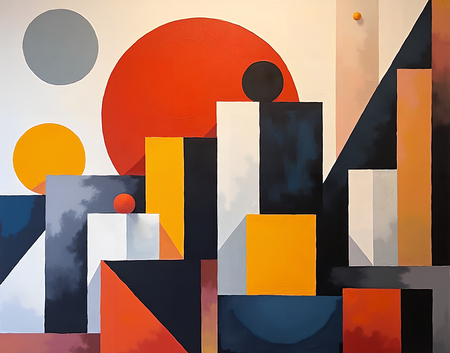 Tableau abstrait dominé par des rouges intenses, composition anguleuse et formes effilées sur fond clair. Une œuvre contemporaine texturée, imprimée avec soin en tirage d'art.