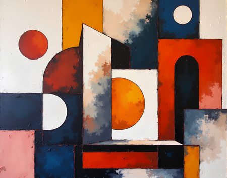 Tableau abstrait dominé par des rouges intenses, composition anguleuse et formes effilées sur fond clair. Une œuvre contemporaine texturée, imprimée avec soin en tirage d'art.