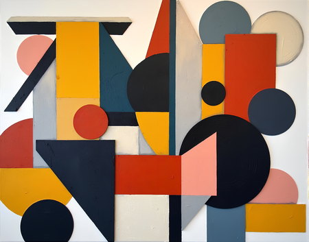 Tableau abstrait dominé par des rouges intenses, composition anguleuse et formes effilées sur fond clair. Une œuvre contemporaine texturée, imprimée avec soin en tirage d'art.