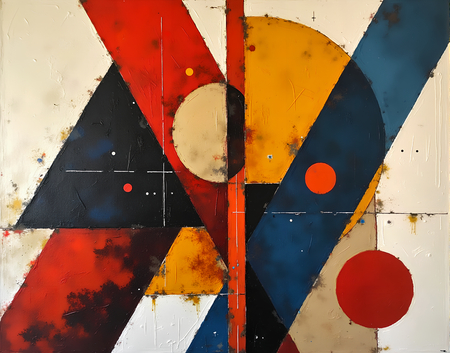 Tableau abstrait dominé par des rouges intenses, composition anguleuse et formes effilées sur fond clair. Une œuvre contemporaine texturée, imprimée avec soin en tirage d'art.