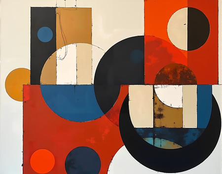Tableau abstrait dominé par des rouges intenses, composition anguleuse et formes effilées sur fond clair. Une œuvre contemporaine texturée, imprimée avec soin en tirage d'art.