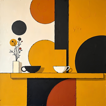 Tableau abstrait dans les tons ocre jaune, formes carrées et rectangulaires sur fond clair. Une composition minimaliste à la texture subtile, imprimée en qualité d'art.