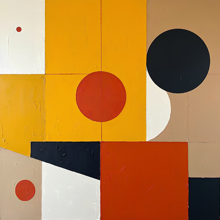 Tableau abstrait dans les tons ocre jaune, formes carrées et rectangulaires sur fond clair. Une composition minimaliste à la texture subtile, imprimée en qualité d'art.