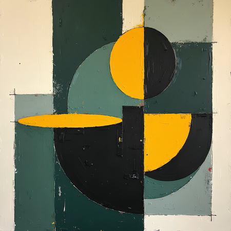 Tableau abstrait aux tonalités vertes et jaunes, formes géométriques simples et texture en relief. Une œuvre contemporaine aux nuances subtiles, imprimée en qualité numérique.
