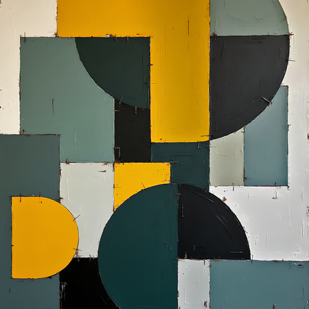 Tableau abstrait aux tonalités vertes et jaunes, formes géométriques simples et texture en relief. Une œuvre contemporaine aux nuances subtiles, imprimée en qualité numérique.