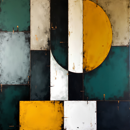 Tableau abstrait aux tonalités vertes et jaunes, formes géométriques simples et texture en relief. Une œuvre contemporaine aux nuances subtiles, imprimée en qualité numérique.