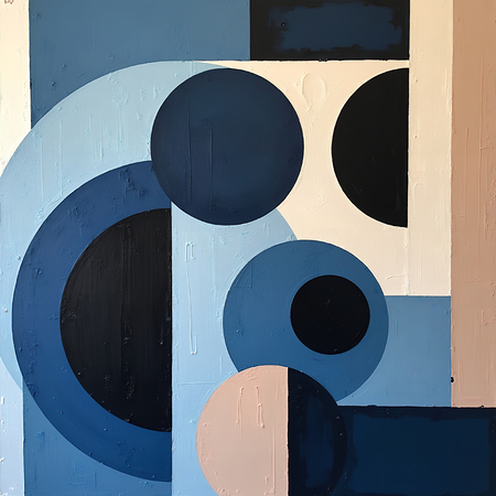 Tableau abstrait à dominante bleue, formes géométriques simples et texture en relief. Une œuvre contemporaine imprimée numériquement, alliant sobriété et présence visuelle.