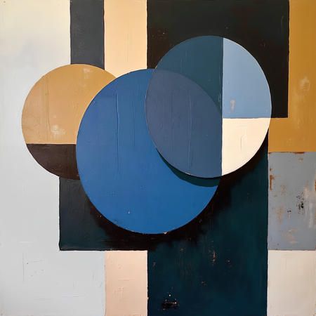 Tableau abstrait à dominante bleue, formes géométriques simples et texture en relief. Une œuvre contemporaine imprimée numériquement, alliant sobriété et présence visuelle.