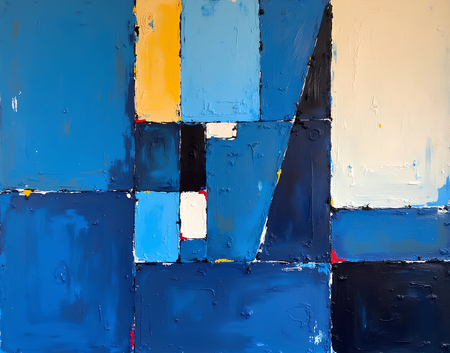 Tableau abstrait à dominante bleue, formes géométriques simples et texture en relief. Une œuvre contemporaine imprimée numériquement, alliant sobriété et présence visuelle.