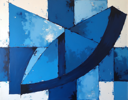 Tableau abstrait à dominante bleue, formes géométriques simples et texture en relief. Une œuvre contemporaine imprimée numériquement, alliant sobriété et présence visuelle.