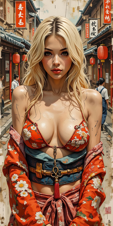 Tableau digital représentant une jeune femme blonde en kimono rouge fleuri, style sexy et destroy, dans une ruelle asiatique vintage. Pour les fans de manga, jeux vidéo et univers geek.