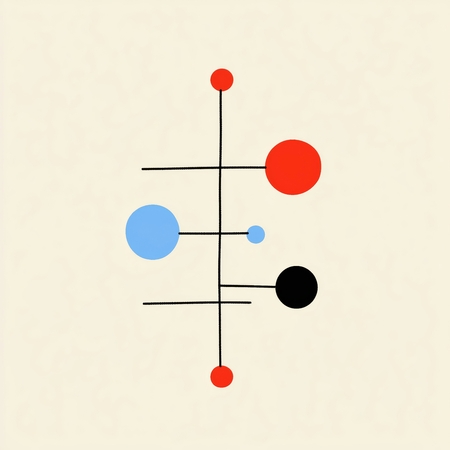 Tableau hyper minimaliste présentant des formes géométriques sur fond blanc à la façon d'un mobile fait de traits noir et de ronds colorés.