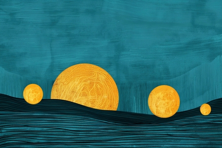 Tableau abstrait à dominante bleu pétrole présentant des cercles dorés, l'ensemble faisant penser à un paysage de coucher de soleils.