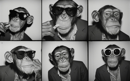 Tableau humoristique en trombinoscope représentant un chimpanzé dans différentes attitudes et tenues. Un visuel décalé et expressif pour une décoration originale.