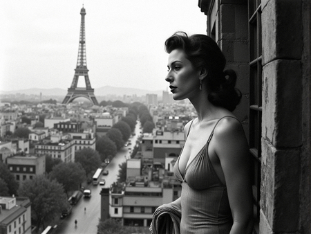 Tableau noir et blanc d'une femme en lingerie, observant Paris depuis un balcon. Une scène sobre et élégante, à l’esthétique intimiste avec vue sur la capitale.