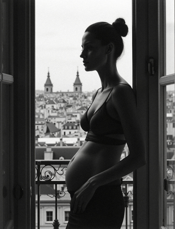 Tableau noir et blanc d'une femme en lingerie, observant Paris depuis un balcon. Une scène sobre et élégante, à l’esthétique intimiste avec vue sur la capitale.
