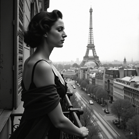 Tableau noir et blanc d'une femme en lingerie, observant Paris depuis un balcon. Une scène sobre et élégante, à l’esthétique intimiste avec vue sur la capitale.