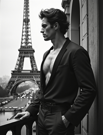Tableau en noir et blanc représentant un homme en tenue décontractée sur un balcon parisien. Une scène élégante, sobre et contemporaine avec vue sur Paris.