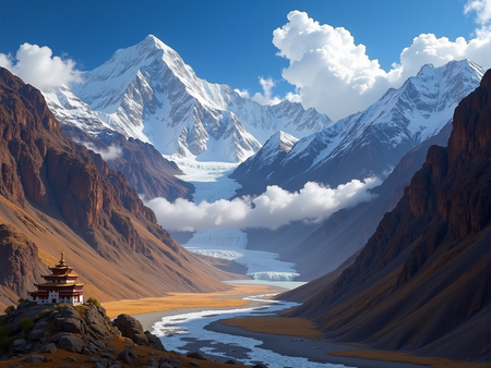 Tableau paysage de l’Himalaya avec un temple tibétain niché au pied d’une montagne vertigineuse. Une scène grandiose et spirituelle dans un décor naturel saisissant.