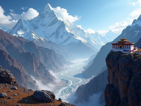 Tableau paysage de l’Himalaya avec un temple tibétain niché au pied d’une montagne vertigineuse. Une scène grandiose et spirituelle dans un décor naturel saisissant.