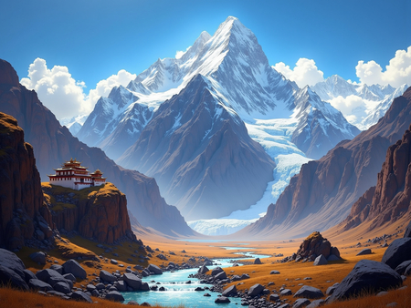 Tableau paysage de l’Himalaya avec un temple tibétain niché au pied d’une montagne vertigineuse. Une scène grandiose et spirituelle dans un décor naturel saisissant.